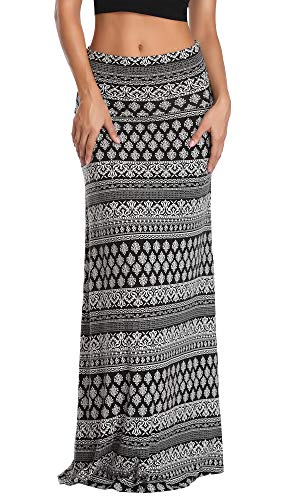 Urban CoCo Women's Stylish Spandex Comfy Fold-Over Flare Long Maxi Skirt (M, Greyish Blue)