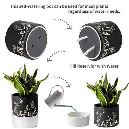 Nihow Self Watering Plant Pot: 6 Inch Ceramic Planter with Drainage Hole & Water Storage Plus for Indoor & Outdoor Plants - Cylinder Round Flower Pot for Succulent/Herbs/Violets -Black