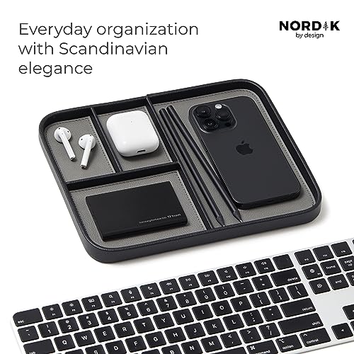 Nordik Leather Valet Tray - Pebble Black - Premium Vegan Leather Stylish and Organised Nightstand Tray for Men - EDC Catchall Tray for Keys, Watch, Wallet, Jewellery - Modern Bedside Caddy