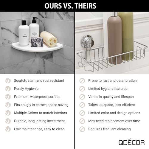 Questech Decor Corner Shower Shelf, Shower Shelf for Inside Shower Tiled Walls, Bathroom Shower Corner Storage, 9 Inch Corner Shelf Shower Caddy Classic Flatback, Bright White Matte