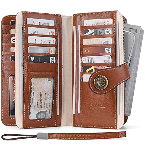 BOSTANTEN Womens Wallet Genuine Leather Large Capacity Wristlet Clutch Purse Credit Card Holder with RFID Blocking Beige-Brown