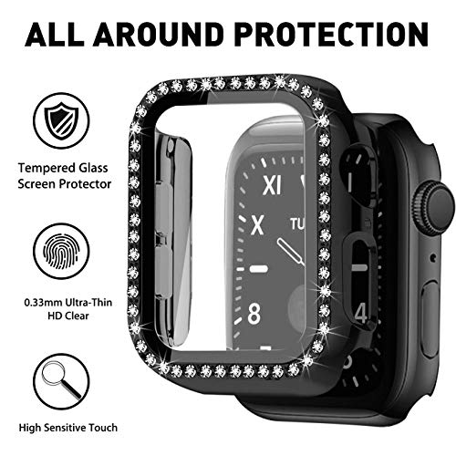 Mosonio Compatible for Apple Watch Band 38mm with Screen Protectors Case Women, Jewelry Bracelet Metal Bands with 2-Pack Bling Case Cover for 38mm iWatch Series 3 2 1(Black Link with Black Leather)