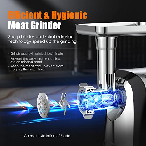 Ollygrin Meat Grinder Electric Stainless Steel, Meat Grinder Electric Sausage Stuffer, Meat Grinder Maker Heavy Duty 2600W Max With 2 Blades, 3 Plates, Sausage Stuffer Tube For Home Kitchen Use