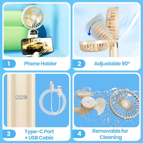 plilogo Portable Fan, Handheld Fan with LED Display, Rechargeable Personal Fan for 15 Hours Cooling, Neck Fan for Outdoor, Small Fan for Travel Camping, Folding Mini Fan with Phone Holder for Office