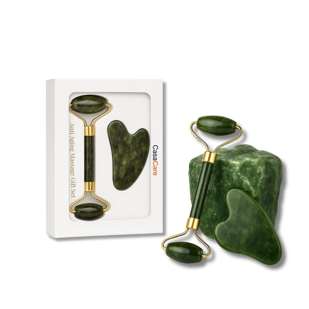 Gua Sha Facial Tool and Jade Roller Set –Anti-Aging Tools for Lymphatic Drainage, Puffiness, Wrinkles, and Relaxation – Skincare Tool for Face and Neck (Dark Green)