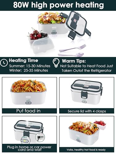 Buddew Electric Lunch Box 80W Food Heater 1.8L Large Capacity Heated Lunch Box 3 in 1 12V/24V/110V Portable Lunch Warmer for Car/Truck/Home/Office with Carry Bag and Fork and Spoon (Gray)