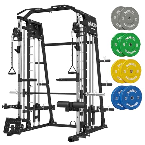 Mikolo Smith Machine, 2200lbs Multi-Function Power Cage Squat Rack with Cable Crossover System and Leg Hold-Down Attachment, Power Rack with 230lbs Olympic Weight Plates Sets, Black