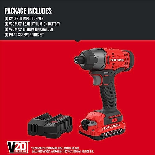 CRAFTSMAN 20V MAX Impact Driver Kit, 1/4 Inch, 2,800 RPM, LED Work light, Battery and Charger Included (CMCF800C1)