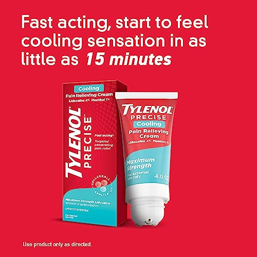 Tylenol Precise Warming Pain Reliever Cream, Maximum Strength 4% Lidocaine Warming Pain Cream for Back, Knee & Joint Pain, Fast-Acting, Penetrating Pain Relief Cream, Light Scent, 4 oz