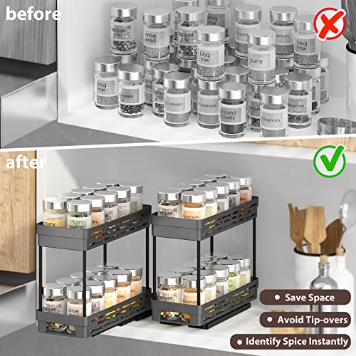 DABIGE 2 Packs Pull Out Spice Rack Organizer for Cabinet, Slide Out Spice Racks Organizer, Easy to Install Spice Cabinet Organizers, 4.33''Wx10.4''Dx8.5''H, Each Tier Hold 10 Spice Jars - 2 Tier