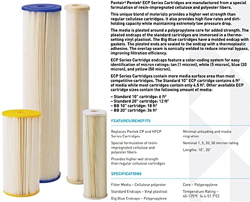 Pentair Pentek ECP1-BB Big Blue Sediment Water Filter, 10-Inch, Whole House Heavy Duty Pleated Cellulose Polyester Replacement Cartridge, 10" x 4.5", Tan End-Cap, 1 Micron