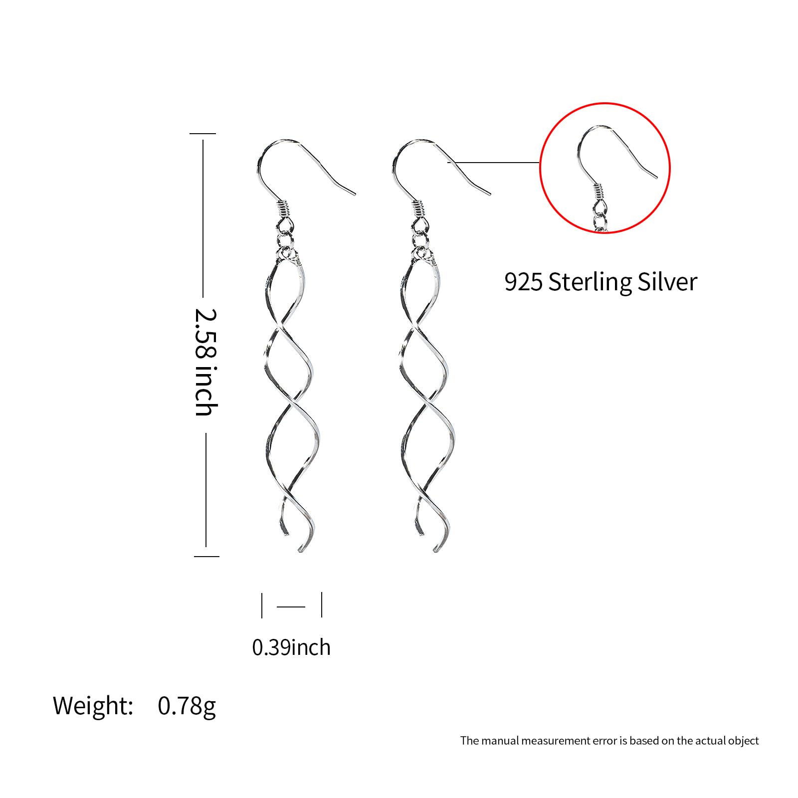 Sterling Silver Spiral Long Wire Earrings, Handmade Twisted Linear Hypoallergenic Dangle Drop Earrings, Gift for Women (Silver)