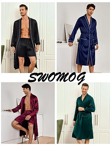 SWOMOG Mens Satin Robe with Shorts Set 2 PCS Kimono Bathrobe Long Sleeve Sleepwear Pjs Sets with Pockets Black Small