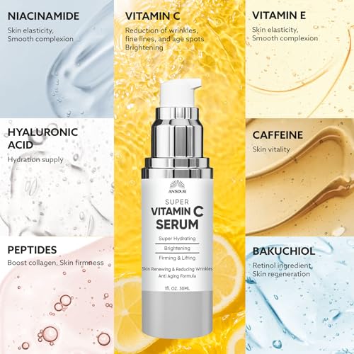 ANSDUR Super Vitamin C Serum for Women over 70: Hyaluronic Acid Serum for Face, Dark Spot Remover and Wrinkle Reduction - Lifting, Smoothing, Moisturizing, All in One Skin Care Formula, 1 fl oz