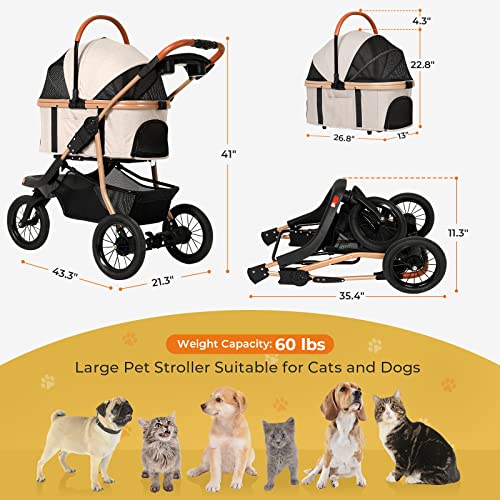 Pet Stroller, Premium 3-in-1 Large Dog Strollers for Cats/Dogs with Detachable Carrier, Zipperless Dual Entry, Foldable Jogging Travel, Rubber Tires, 3-Wheel