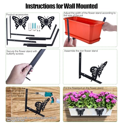 HLC Window Box Brackets 4 Pack, Flower Planter Box Brackets for Railing Planter with Butterfly, Brackets for Window Boxes with Adjustable Bottom (Front to Back) 6 to 12 Inches