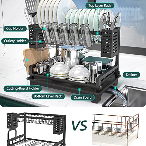 B-Land Dish Drying Rack, 2 Tier Dish Racks for Kitchen Counter, Large Dish Drying Rack with Drainboard & Utensil Holders, Rust-Proof Dish Drainers,Kitchen Organization