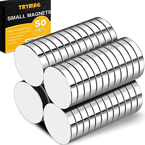 TRYMAG Magnets, 10x2mm 50 PCS Small Refrigerator Magnets Round Disc Magnets, Premium Brushed Nickel Cylinder Office Magnets for Crafts, DIY, Whiteboard and Fridge Magnets