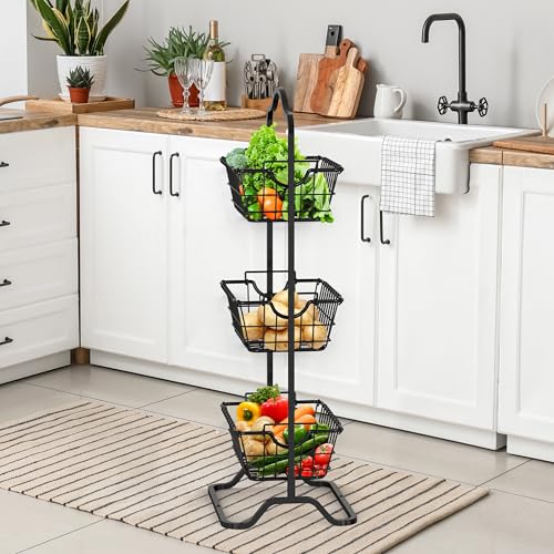 Simple Houseware 3-Tier Rigid Wire Market Fruit Basket Stand, Black
