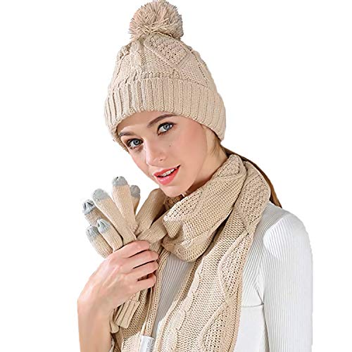 Hat Gloves Scarf Set for Women, Winter Beanie Warm Knit Pom Hat Touch Screen Glove Long Scarf 3pcs Winter Gift Set for Women