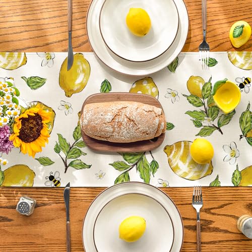 Artoid Mode Lemon Bee Leaves Summer Table Runner, Seasonal Spring Kitchen Dining Table Decorations for Home Party Decor 13x36 Inch