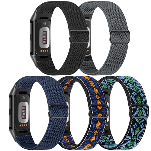 Bcuckood 5 Pack Elastic Nylon Watch Bands Compatible for Fitbit Charge 6/Fitbit Charge 5, Adjustable Breathable Replacement Stretchy Nylon Loop Wristband Sport Strap for Women Men