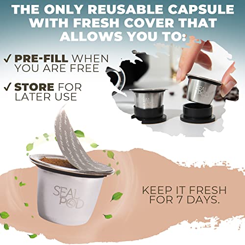 SEAL POD Refillable Coffee Capsules – Stainless Steel Refillable Pods Compatible with Nespresso Original Machines- Eco-Friendly Reuse Espresso filters – Pack of 1 Coffee Pod, 100 Lids