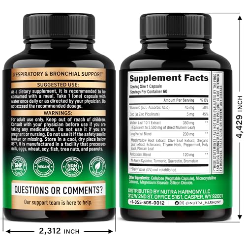 Mullein Leaf Extract for Lung Detox - Marshmallow Root | Echinacea | Oregano | Quercetin | NAC - 15-in-1 Lung Support & Cleanse for Smokers Supplement - Made in USA - As Drops, Tincture - 60 Capsules