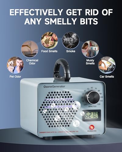 CREWORKS Ozone Generator, 5000 mg/h High Capacity Ozone Machine for Car Home Smoke Pet Odor Removal, Commercial Ozone Odor Eliminator Air Purifier with Timer Display for 3200 sq ft Room, Silver
