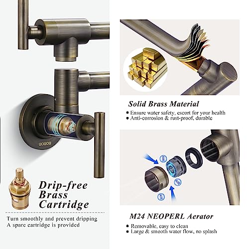 WOWOW Pot Filler Faucet Antique Bronze Commercial Wall Mount Stove Faucet, Brass Pot Filler Folding Faucet Over Stove, Kitchen Pot Faucet with Double Joint Swing Arms