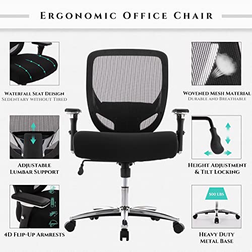 COLAMY Big and Tall Office Chair 500lbs, Heavy Duty Ergonomic Mesh Chair, Computer Executive Desk Chair with Wide Thick Seat, 4D Armrests, Adjustable Lumbar Support and Tilt-Black