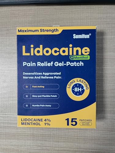 Sumifun 4% Lidocaine Patches Plus 1% Menthol - 15 Counts Maximum Strength OTC Pain Relief Patches for Back Ache Stiff Neck Joint Pain Muscle Soreness Topical Analgesic