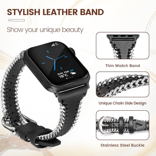 Ruibopad Leather Strap for Apple Watch Bands 40mm 41mm 38mm, Cute Slim Chain Bracelet for iWatch Bands Series 9 SE 8 7 6 5 4 3 2 1, Thin Genuine Leather Wristband for Apple Watch Women Men Black
