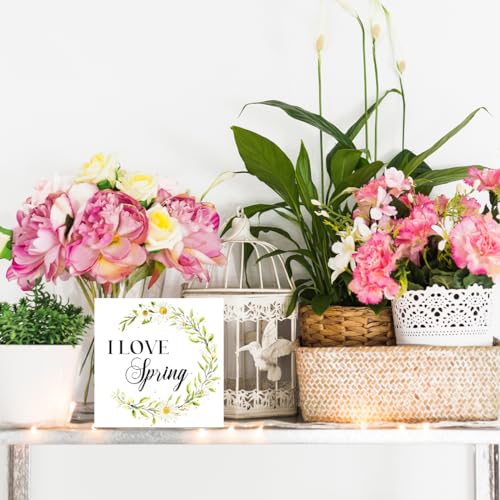 Spring Wooden Desk Sign,Funny Spring Sign,I Love Spring Wood Block Signs Desk Decor,Spring Decorations for Home Shelf Table Decor-2