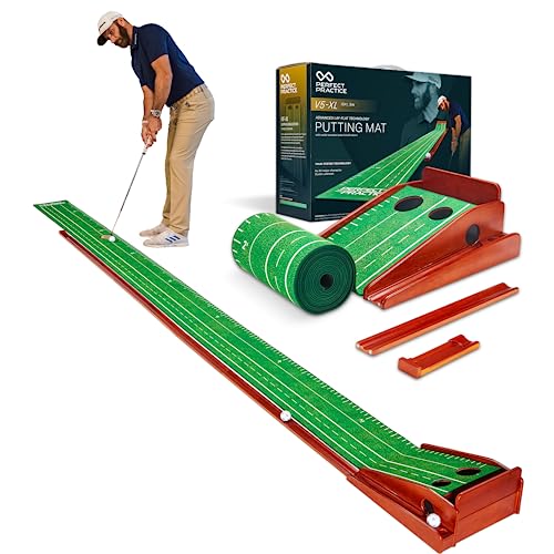 PERFECT PRACTICE XL Putting Mat – 15.5 ft Indoor Golf Putting Green w/ 2 Holes - Putting Matt for Indoors and Outdoors Practice - Golf Training Aid for Home - Golf Accessories and Gifts for Men