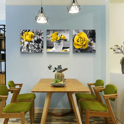 Lapremoly Canvas Wall Art For Kitchen Restaurant Wall Decor For Bedroom Black And White Wall Painting Yellow Rose Pictures Print Art Ready To Hang Girls Gift Room Modern Home Decor 12"X12" 3 Pieces