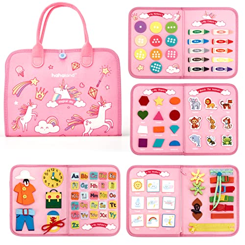 hahaland Busy Board - Montessori Toys for 2 Year Old Girl Birthday Gift - Preschool Learning Activities with Life Skills,ABC,123,Shape,Color,Animal,Weather,Toddler Travel Toys for Ages 2-4 1-3