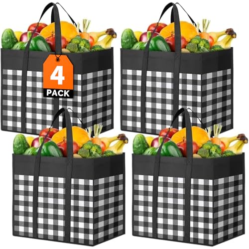 WOWBOX Reusable Grocery Bags,4-Pack, Foldable Reusable Shopping Tote Bags bulk with Reinforced Handles,Large Storage Bags with Water Resistant Coating for Groceries,Multipurpose,Black-White
