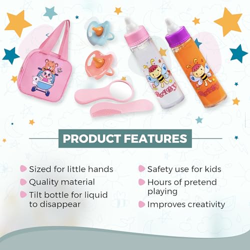 Baby Doll Set – 7 Piece Adorable Baby Doll Accessories with 2 Baby Doll Bottles, 2 Doll Pacifiers, Comb and Mirror – Baby Doll Toys for Kids in a Cute Bag with Handle – Disappearing Baby Doll Bottle