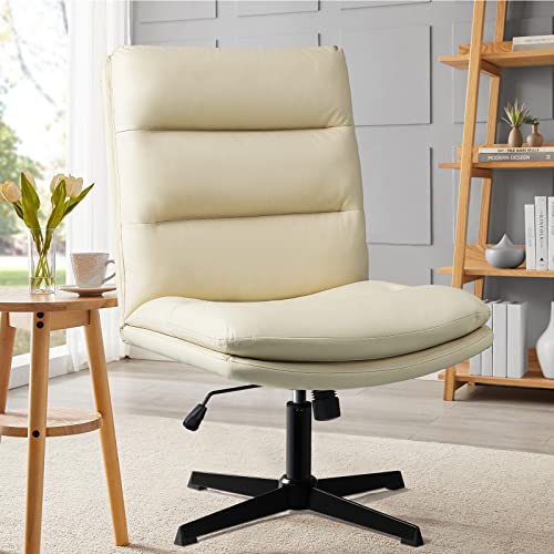 PUKAMI Criss Cross Chair,Comfy Cross Legged Office Desk Chair No Wheels,Cute Makeup Vanity Chair,Fabric Modern Swivel Height Adjustable Mid Back Wide Seat Computer Task Chair for Home Office(Beige)