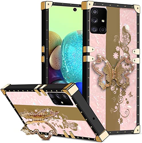 FLYING FLIER for Samsung Galaxy A71 5G Case, 3D Floral Bling Glitter Ring Kickstand Holder, with Square Rivet Shockproof Protective Case Elegant Slim TPU Phone Case for Girls Women (Floral-Pink)
