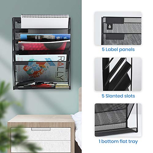 TreeLen Mesh Hanging Wall File Organizer 6 Tier Vertical Mount, Durable Wall File Holder with Bottom Flat Tray for Office Home, Black