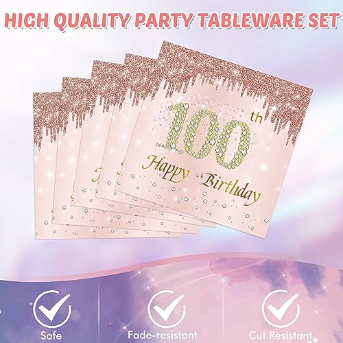 41PCS 100th Birthday Decorations Rose Gold 100 Years Old Birthday Disposable Tableware Include Plates Napkins tablecloth For Women