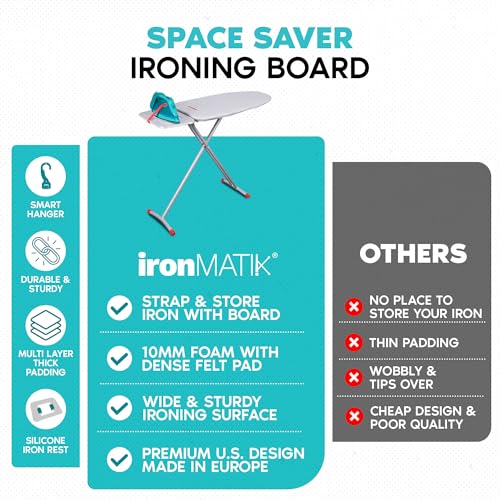 ironMATIK, Space Saver Ironing Board, 45.5"X15" Area (Board Length 35.5"), Easy Storage, 6 Levels of Adjustable Height, Heat Resistant Silicone Tray, Padded Top, Ideal for Small Spaces, Made in EU
