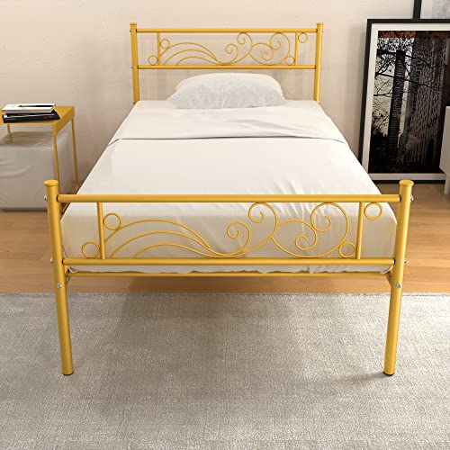 Weehom Twin Size Bed Frame with Headboard No Box Spring Needed Platform Single Bed for Kids, Gold