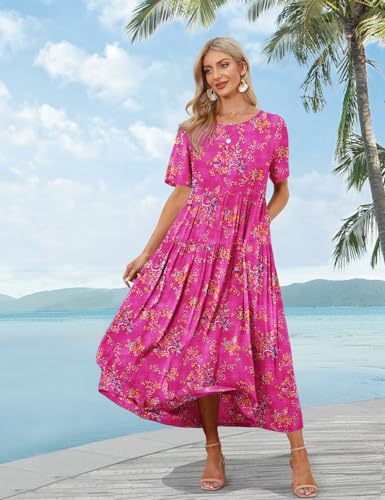 YESNO Women Casual Loose Bohemian Floral Dress with Pockets Short Sleeve Long Maxi Summer Beach Swing Dress S EJF CR425