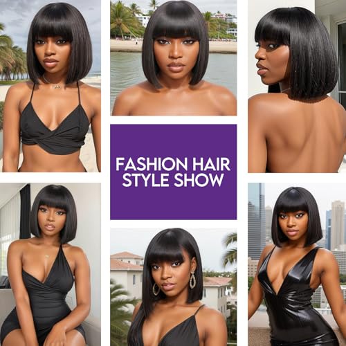 BAOHUKE 10 Inch Yaki Straight Bob Wig With Bangs Human Hair Glueless 2x1 Closure HD Lace Short Black Bob Wigs With Bang Human Hair Ready to Go 180% Density For Black Women