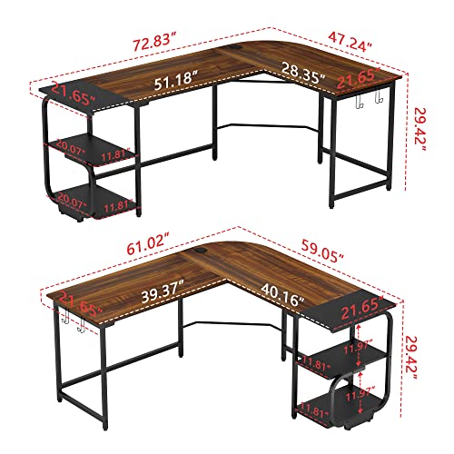 Merronix L Shaped Desk with Storage Shelves, Reversible Corner Computer Desk for Home Office, Modern Gaming L Desk with Spacious Desktop, Teak