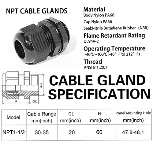 Cable Glands-PENGLIN 2” NPT Nylon Cable Connector,IP68 Waterproof Strain Relief Cord Adjustable Connector With Gaskets for Electrical Box (2 Inch (6-Pack))