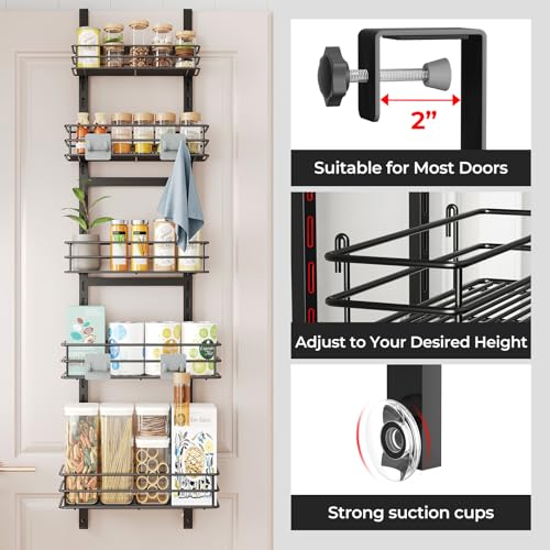 ODesign Height-Adjustable Baskets 5-Tier Over the Door Pantry Organizer,Narrow Pantry Door Organizers and Storage-Spice Rack Wall Mount-Door Organizer Metal Hanging,Home & Kitchen Essentials-Black